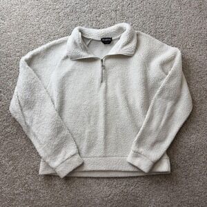 Bebe Sweater Womens Large White Mock Neck Sherpa Fleece 1/4 Zip Pullover Logo